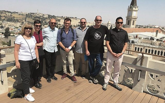 The AIJAC Rambam visitors in Jerusalem’s Old City, from left, Pastor Donna Kipps, Deacon Elizabeth Dyson, Rabbi Ralph Genende (group liaison), Reverend Timothy Hein, Daniel Hill, Pastor David Quilty, and Reverend Patrick Senn. The AIJAC Rambam visitors in Jerusalem’s Old City, from left, Pastor Donna Kipps, Deacon Elizabeth Dyson, Rabbi Ralph Genende (group liaison), Reverend Timothy Hein, Daniel Hill, Pastor David Quilty, and Reverend Patrick Senn.
