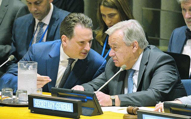 Pierre Krahenbuhl (left) with UN Secretary-General Antonio Guterres in June.
Photo: Kyodo via AP Images