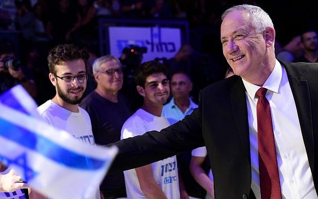 Blue and White leader Benny Gantz attends a party rally in Tel Aviv two days before Israeli elections, Sept. 15, 2019. (Tomer Neuberg/Flash90) Blue and White leader Benny Gantz attends a party rally in Tel Aviv two days before Israeli elections, Sept. 15, 2019. (Tomer Neuberg/Flash90)