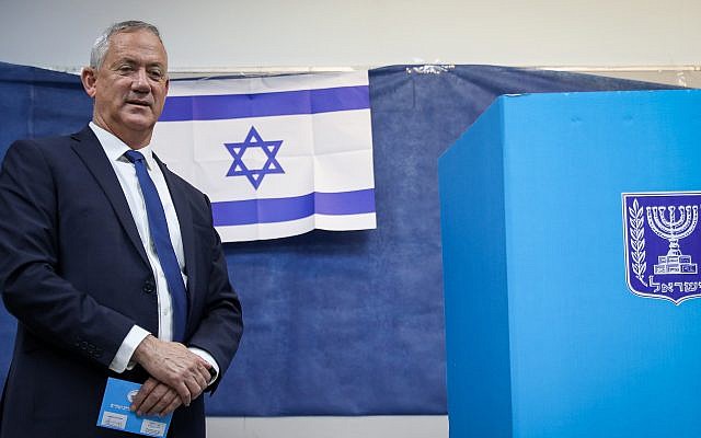 Blue and White party chairman Benny Gantz casts his ballot at a voting station in Rosh Haayin, Israel, on Election Day, Sept. 17, 2019. (Noam Revkin Fenton/Flash90) Blue and White party chairman Benny Gantz casts his ballot at a voting station in Rosh Haayin, Israel, on Election Day, Sept. 17, 2019. (Noam Revkin Fenton/Flash90)