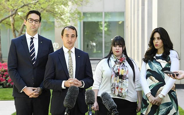 From left: Josh Burns, Dave Sharma, Dassi Erlich and Nicole Meyer outside Parliament. From left: Josh Burns, Dave Sharma, Dassi Erlich and Nicole Meyer outside Parliament.