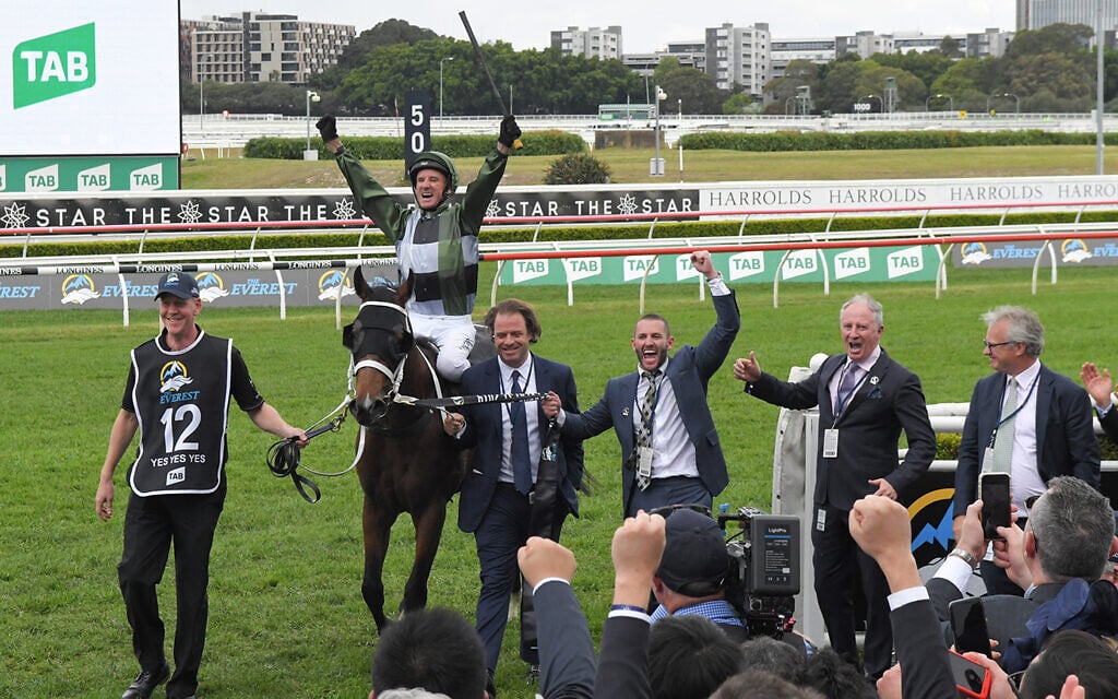 Brae Sokolski, third from right, leading Yes Yes Yes back after winning the $14 million TAB Everest at Royal Randwick on October 19, 2019. Photo: AAP Image/Simon Bullard Brae Sokolski, third from right, leading Yes Yes Yes back after winning the $14 million TAB Everest at Royal Randwick on October 19, 2019. Photo: AAP Image/Simon Bullard