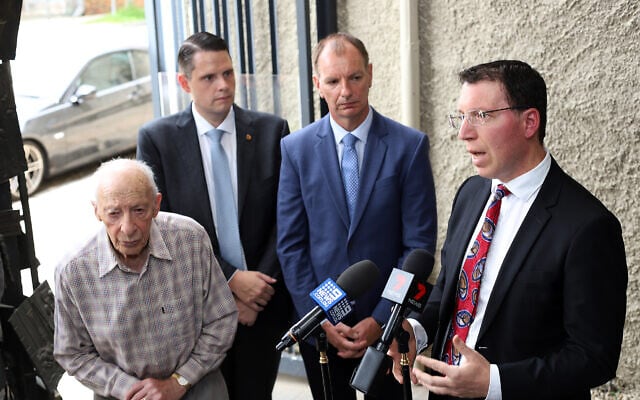Anti-Defamation Commission chair Dvir Abramovich (right) speaking at a press conference earlier this month, flanked by (from left) Shoah survivor Joe de Haan, Brighton MP James Newbury and Caulfield MP David Southwick. Photo: Peter Haskin Anti-Defamation Commission chair Dvir Abramovich (right) speaking at a press conference earlier this month, flanked by (from left) Shoah survivor Joe de Haan, Brighton MP James Newbury and Caulfield MP David Southwick. Photo: Peter Haskin