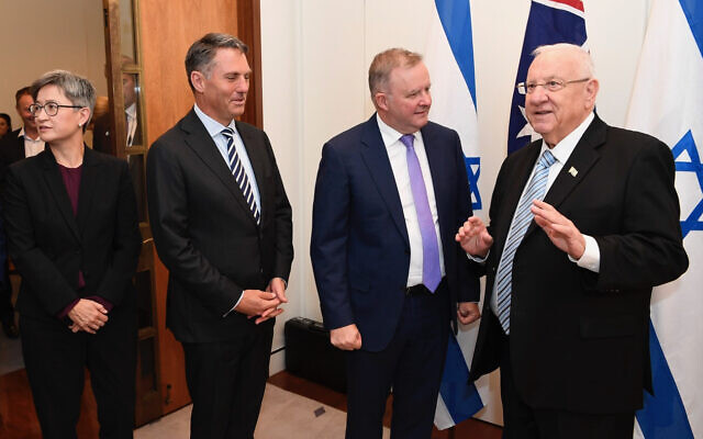 From left: Penny Wong, Richard Marles, Opposition leader Anthony Albanese and Israeli President Reuven Rivlin in Canberra in February. Photo: Auspic From left: Penny Wong, Richard Marles, Opposition leader Anthony Albanese and Israeli President Reuven Rivlin in Canberra in February. Photo: Auspic