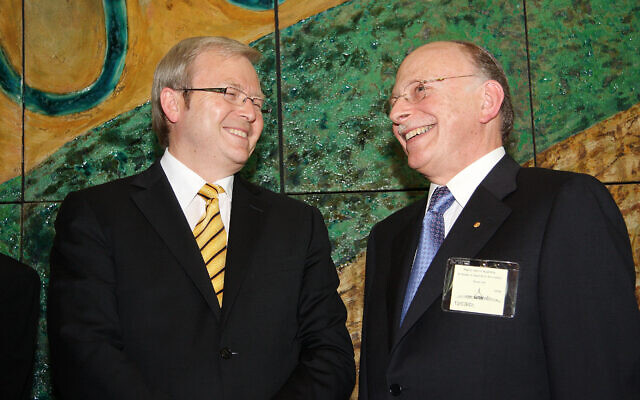 Kevin Rudd (left) and Mark Leibler celebrating Israel’s 60th birthday at Parliament House in
2008. Photo: Peter Haskin Kevin Rudd (left) and Mark Leibler celebrating Israel’s 60th birthday at Parliament House in
2008. Photo: Peter Haskin