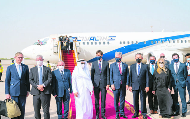 The US and Israeli delegation, including White House adviser Jared Kushner, Israeli National Security Adviser Meir Ben-Shabbat and US National Security
Adviser Robert O’Brien, arriving in Abu Dhabi. Photo: EPA/Mohamed Al Hammadi The US and Israeli delegation, including White House adviser Jared Kushner, Israeli National Security Adviser Meir Ben-Shabbat and US National Security
Adviser Robert O’Brien, arriving in Abu Dhabi. Photo: EPA/Mohamed Al Hammadi