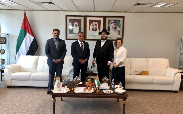 From left: UAE Canberra embassy’s Deputy Chief of Mission Hamad Alawadi, UAE Ambassador to Australia Abdulla Al Subousi, Rabbi Shmueli Feldman and Rebbetzin Chasia Feldman. From left: UAE Canberra embassy’s Deputy Chief of Mission Hamad Alawadi, UAE Ambassador to Australia Abdulla Al Subousi, Rabbi Shmueli Feldman and Rebbetzin Chasia Feldman.
