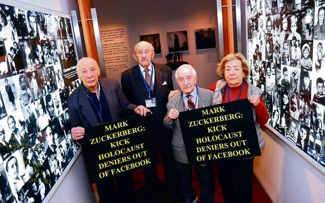 Survivors at the Jewish Holocaust Centre in Melbourne protesting against Facebook in July 2018. From left: Joseph
De Haan, David Prince, Abe Goldberg and Lusia Haberfeld. Photo: Peter Haskin Survivors at the Jewish Holocaust Centre in Melbourne protesting against Facebook in July 2018. From left: Joseph
De Haan, David Prince, Abe Goldberg and Lusia Haberfeld. Photo: Peter Haskin
