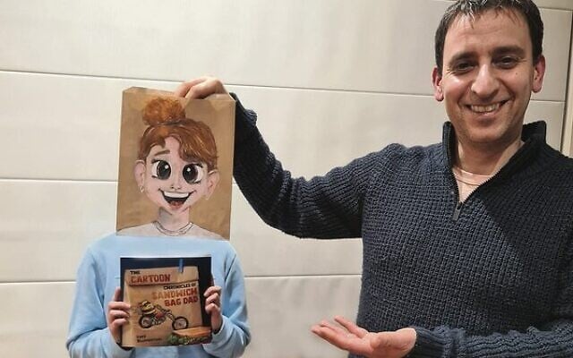 David Blumenthal with his 'cartooned' eldest daughter, Sharni, and his new book, The Sandwich Bag Dad. David Blumenthal with his 'cartooned' eldest daughter, Sharni, and his new book, The Sandwich Bag Dad.