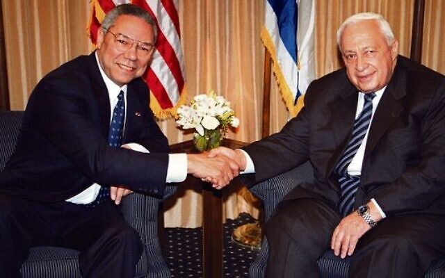 Colin Powell (left) with Ariel Sharon in Jerusalem in February, 2001.
Photo: Getty Images/Pool photo Colin Powell (left) with Ariel Sharon in Jerusalem in February, 2001.
Photo: Getty Images/Pool photo