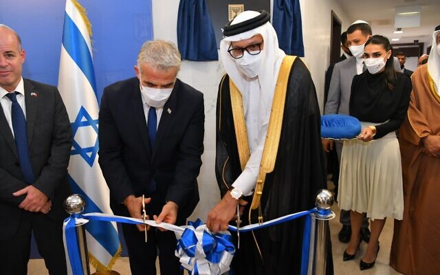 Foreign Minister Yair Lapid and Bahrain’s Foreign Minister Abdullatif al Zayani open Israel’s embassy in Manama, on September 30, 2021. Photo: GPO Foreign Minister Yair Lapid and Bahrain’s Foreign Minister Abdullatif al Zayani open Israel’s embassy in Manama, on September 30, 2021. Photo: GPO