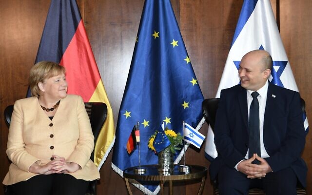 Israeli Prime Minister Naftali Bennett and German Chancellor Angela Merkel at the King David Hotel in Jerusalem. Photo: GPO Israeli Prime Minister Naftali Bennett and German Chancellor Angela Merkel at the King David Hotel in Jerusalem. Photo: GPO
