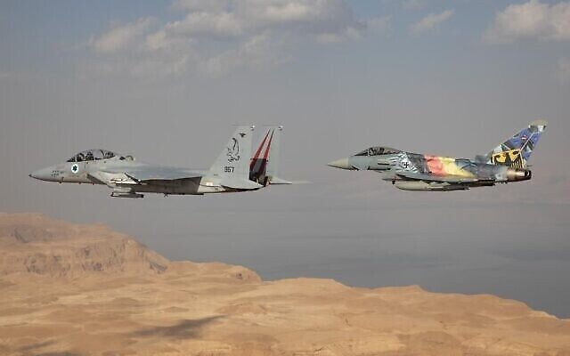 An Israeli F-15 and a German Eurofighter fly together near Jerusalem as part of a demonstration of the close ties between Israel and Germany on October 17, 2021. Photo: IDF An Israeli F-15 and a German Eurofighter fly together near Jerusalem as part of a demonstration of the close ties between Israel and Germany on October 17, 2021. Photo: IDF