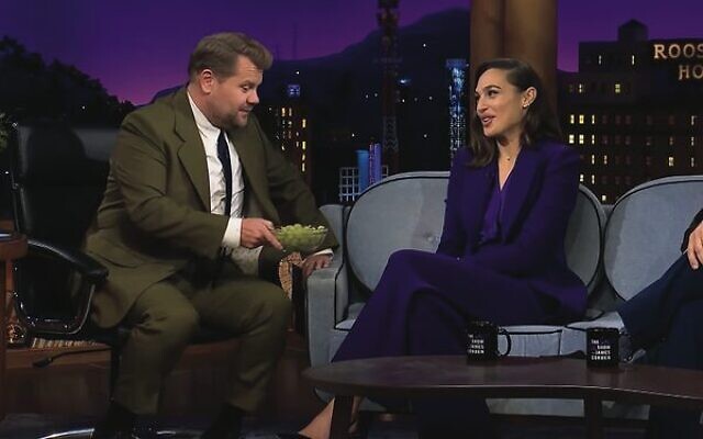 Israeli actress Gal Gadot (right) with Late Late Show host James Corden. Photo: Video screenshot Israeli actress Gal Gadot (right) with Late Late Show host James Corden. Photo: Video screenshot