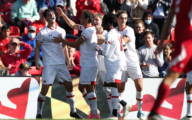 Ryan Blumberg (left) being congratulated by teammates after scoring in his US College debut on November 1 at Ludwig Field, Maryland. Photo: Zach Bland/Maryland Terrapins Ryan Blumberg (left) being congratulated by teammates after scoring in his US College debut on November 1 at Ludwig Field, Maryland. Photo: Zach Bland/Maryland Terrapins