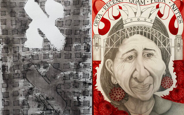 "Riffing on the Aleph'' by Fay Abromwich (left) and "Queen Gladys" by Ruth Wein. "Riffing on the Aleph'' by Fay Abromwich (left) and "Queen Gladys" by Ruth Wein.