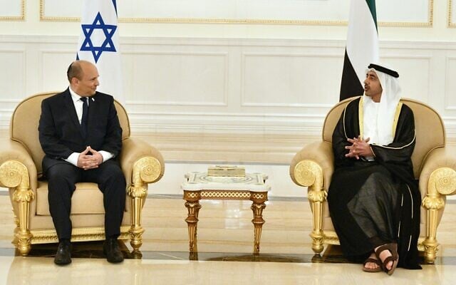 Naftali Bennett sits with UAE Foreign Minister Abdullah bin Zayed in Abu Dhabi on December 12, 2021. Photo: Haim Zach/GPO Naftali Bennett sits with UAE Foreign Minister Abdullah bin Zayed in Abu Dhabi on December 12, 2021. Photo: Haim Zach/GPO