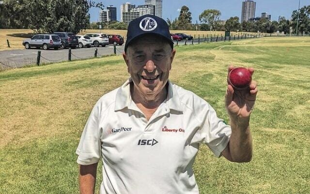 Barry Kave celebrating after breaking his club's wicket-taking record on January 23. Photo: Maccabi-AJAX Cricket Club Barry Kave celebrating after breaking his club's wicket-taking record on January 23. Photo: Maccabi-AJAX Cricket Club