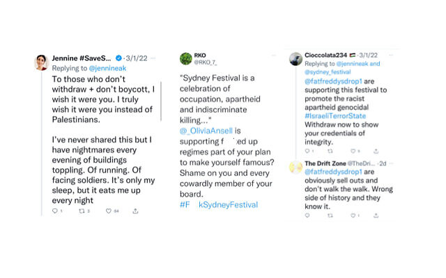 Tweets protesting the Sydney festival and Israel. Tweets protesting the Sydney festival and Israel.