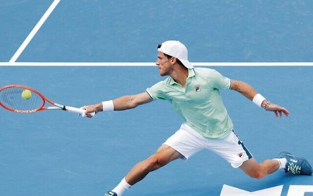Argentinian Diego Schwartzman stretches for a backhand during his first-round win against Serbian Filip Krajinovic. Argentinian Diego Schwartzman stretches for a backhand during his first-round win against Serbian Filip Krajinovic.
