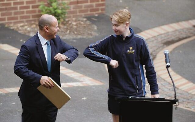 Josh Frydenberg (left) with year 9 Bialik student Ethan Lust. Josh Frydenberg (left) with year 9 Bialik student Ethan Lust.