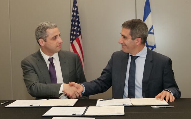 DHS Under Secretary for Strategy, Policy and Plans Robert Silvers, left, with Israel National Cyber Directorate Director-General Gaby Portnoy on March 2, 2022 in Jerusalem, after signing new cybersecurity collaboration agreements. (Eleonoa Shilova / Israel National Cyber Directorate) DHS Under Secretary for Strategy, Policy and Plans Robert Silvers, left, with Israel National Cyber Directorate Director-General Gaby Portnoy on March 2, 2022 in Jerusalem, after signing new cybersecurity collaboration agreements. (Eleonoa Shilova / Israel National Cyber Directorate)