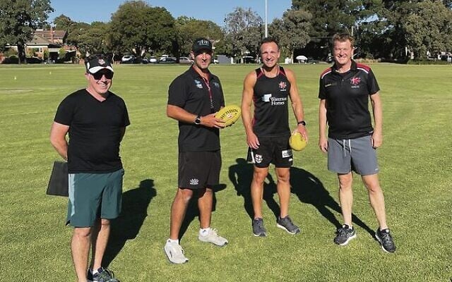 AJAX Footy Club's U8s team manager Simon Levy, coaches Adam Joffe and Ari Lewski, and club president Jamie Davis. at the opening pre-season training session last Thursday. AJAX Footy Club's U8s team manager Simon Levy, coaches Adam Joffe and Ari Lewski, and club president Jamie Davis. at the opening pre-season training session last Thursday.
