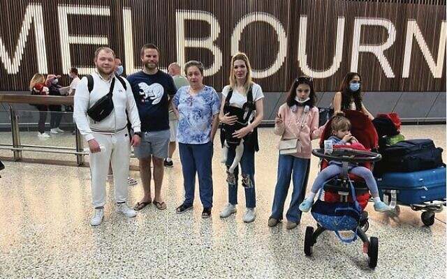 Arriving in Melbourne. From left: Ihor Varhotsky, Patrick Polak, Iryna Oksion, Tetiana Varhotskyi with baby Diana, Alina and Milana. Arriving in Melbourne. From left: Ihor Varhotsky, Patrick Polak, Iryna Oksion, Tetiana Varhotskyi with baby Diana, Alina and Milana.