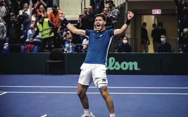 Yishai Oliel celebrates Israel's Davis Cup World Group One playoff win over South Africa in Ashdod, Israel, last week. Photo: Oded Karni/Israel Tennis Association Yishai Oliel celebrates Israel's Davis Cup World Group One playoff win over South Africa in Ashdod, Israel, last week. Photo: Oded Karni/Israel Tennis Association