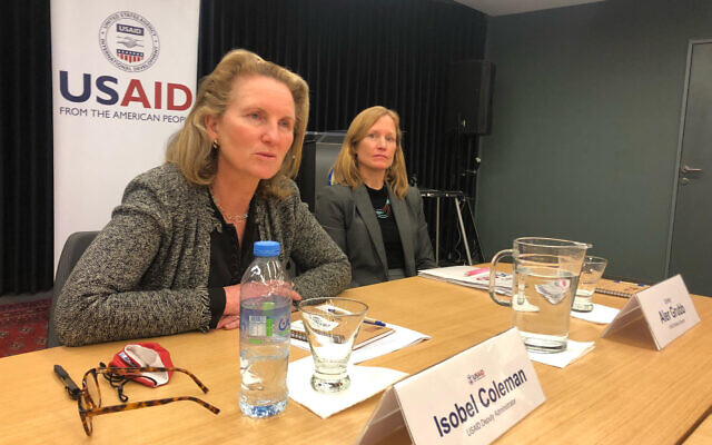 USAID deputy administrator Isobel Coleman speaks to reporters at the US Embassy in Jerusalem, on March 8, 2022. (Tal Schneider/The Times of Israel) USAID deputy administrator Isobel Coleman speaks to reporters at the US Embassy in Jerusalem, on March 8, 2022. (Tal Schneider/The Times of Israel)