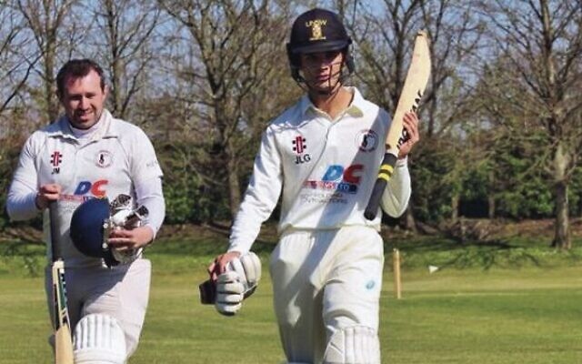 Jake Greenberg (right) after scoring 50 on debut for UK club Cowdrey, in their pre-season trial game against Rye last week. Jake Greenberg (right) after scoring 50 on debut for UK club Cowdrey, in their pre-season trial game against Rye last week.