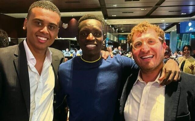 Attendees at the Premier's Iftar dinner from left: Young Victorian of the Year Ahmed Hassan, Olympic athlete Peter Bol, Rabbi Gabi Kaltmann. Attendees at the Premier's Iftar dinner from left: Young Victorian of the Year Ahmed Hassan, Olympic athlete Peter Bol, Rabbi Gabi Kaltmann.