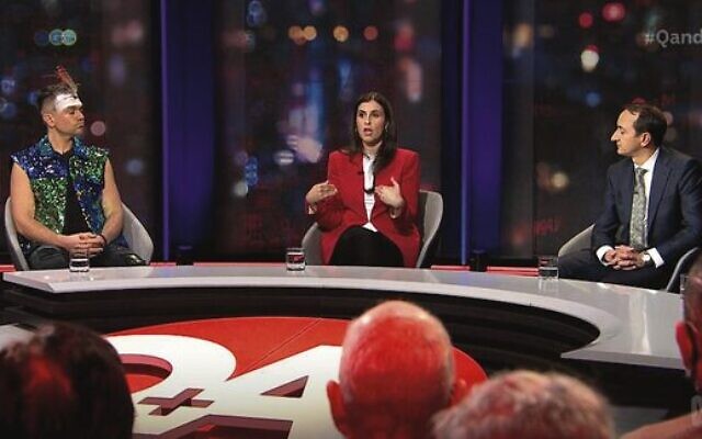 Indigenous performer Mitch Tambo, Palestinian advocate Randa Abdel-Fattah and Wentworth MP Dave Sharma on the Q&A episode. Photo: Screenshot Indigenous performer Mitch Tambo, Palestinian advocate Randa Abdel-Fattah and Wentworth MP Dave Sharma on the Q&A episode. Photo: Screenshot