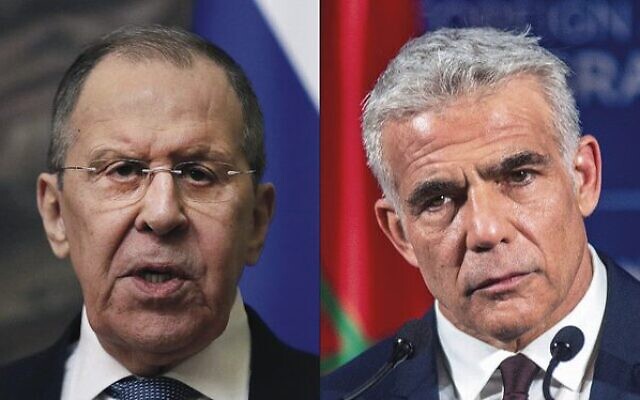 Russian Foreign Minister Sergei Lavrov (left) and Israeli Foreign Minister Yair Lapid.
Photos: Yuri Kochetkov/AFP Russian Foreign Minister Sergei Lavrov (left) and Israeli Foreign Minister Yair Lapid.
Photos: Yuri Kochetkov/AFP