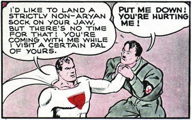 Superman puts the non-Aryan smackdown on Hitler. Photo: Roy Schwartz/Times of Israel Superman puts the non-Aryan smackdown on Hitler. Photo: Roy Schwartz/Times of Israel