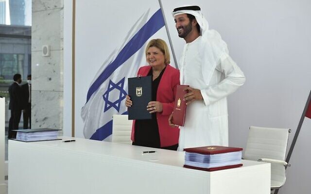 Israeli Minister of Economy and Industry Orna Barbivai with Emirati Minister of Economy Abdulla bin Touq Al-Marri after signing the agreement in Dubai. Photo: Anuj Taylor, Strap Studios Israeli Minister of Economy and Industry Orna Barbivai with Emirati Minister of Economy Abdulla bin Touq Al-Marri after signing the agreement in Dubai. Photo: Anuj Taylor, Strap Studios