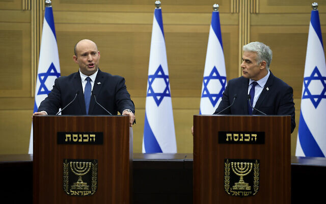 Israeli prime minister Naftali Bennett and Foreign Minister Yair Lapid hold a joint press conference at the Israeli parliament in Jerusalem on June 20, 2022. Photo: Yonatan Sindel/FLASH90 Israeli prime minister Naftali Bennett and Foreign Minister Yair Lapid hold a joint press conference at the Israeli parliament in Jerusalem on June 20, 2022. Photo: Yonatan Sindel/FLASH90