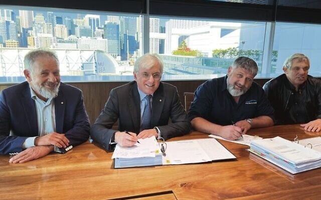 Signing the agreement (from left): Hakoah Development Committee co-chair Phillip Wolanski, Hakoah president Steven Lowy, Parkview Constructions executive chairman Tony Touma and Hakoah director Phil Green. Signing the agreement (from left): Hakoah Development Committee co-chair Phillip Wolanski, Hakoah president Steven Lowy, Parkview Constructions executive chairman Tony Touma and Hakoah director Phil Green.