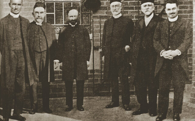 The Australian Jewish clergy at the dedication of the new St Kilda Synagogue, 13 March 1927: Danglow, Rabbi Dr Joseph Abrahams, Rabbi Solomon Zvi Mestel, Rabbi Francis L. Cohen, Reverend J. Falk, Rabbi Israel Brodie The Australian Jewish clergy at the dedication of the new St Kilda Synagogue, 13 March 1927: Danglow, Rabbi Dr Joseph Abrahams, Rabbi Solomon Zvi Mestel, Rabbi Francis L. Cohen, Reverend J. Falk, Rabbi Israel Brodie