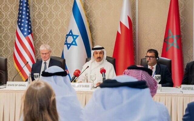 From left: Israel's Foreign Ministry Director-General Alon Ushpiz, Bahrain's Undersecretary for International Affairs Sheikh Abdullah bin Ahmed Al Khalifa and Director-General of Morocco's Foreign Ministry Fouad Yazur at the meeting. Photo: Bahrain Foreign Ministry From left: Israel's Foreign Ministry Director-General Alon Ushpiz, Bahrain's Undersecretary for International Affairs Sheikh Abdullah bin Ahmed Al Khalifa and Director-General of Morocco's Foreign Ministry Fouad Yazur at the meeting. Photo: Bahrain Foreign Ministry