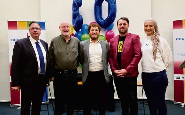 Panellists (from left): Shaun Burke, Mark Kestin, Rabbi Gabi Kaltmann, Aaron Clark and host Susan Carland. Panellists (from left): Shaun Burke, Mark Kestin, Rabbi Gabi Kaltmann, Aaron Clark and host Susan Carland.