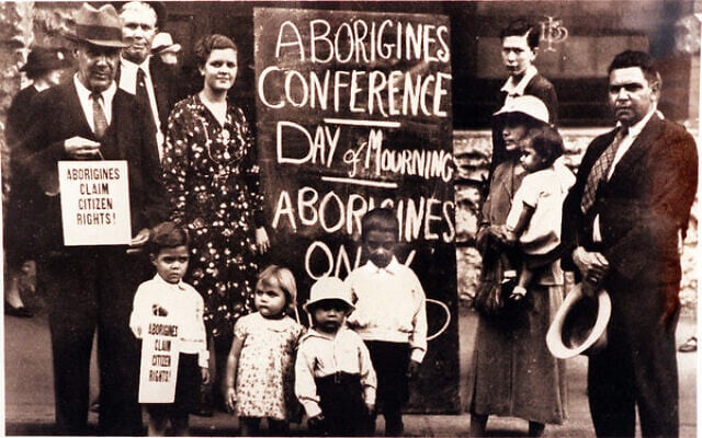Aboriginal people gather at the Australian Hall to hold the first civil rights protest in Australia at the Day of Mourning in 1938. Picture taken outside Australia Hall on January 26, 1938.
Photo by The Sydney Morning Herald/Fairfax Media Aboriginal people gather at the Australian Hall to hold the first civil rights protest in Australia at the Day of Mourning in 1938. Picture taken outside Australia Hall on January 26, 1938.
Photo by The Sydney Morning Herald/Fairfax Media