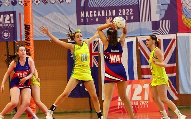 Solid defence by Australia's U16 netball team in their final win against Great Britain. Photo: Maccabi Australia Media Team Solid defence by Australia's U16 netball team in their final win against Great Britain. Photo: Maccabi Australia Media Team