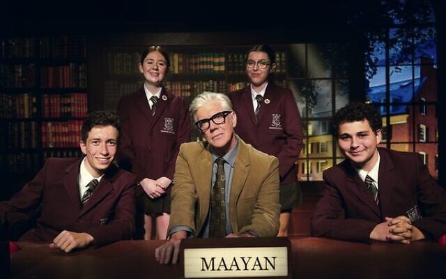 Host Shaun Micallef with Emanuel School students Alix Cane, Jake Fleischer, Ma'ayan Granot and
Jake Newfield. Host Shaun Micallef with Emanuel School students Alix Cane, Jake Fleischer, Ma'ayan Granot and
Jake Newfield.