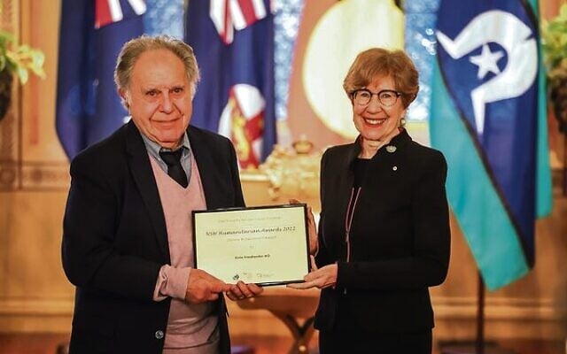 Ernie Friedlander being presented the award by NSW Governor Margaret Beazley. Ernie Friedlander being presented the award by NSW Governor Margaret Beazley.