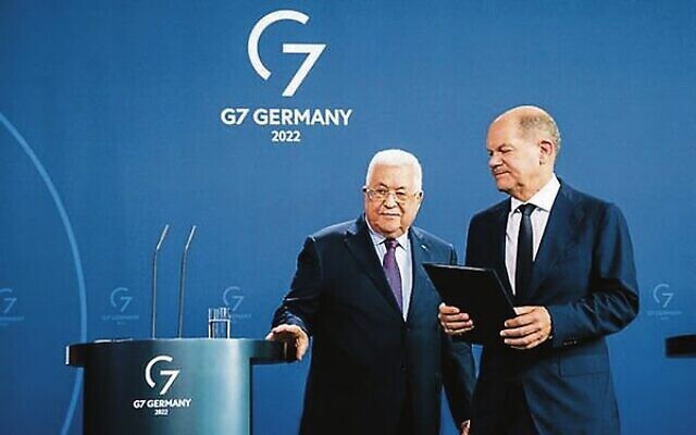 German Chancellor Olaf Scholz (right) and Palestinian President Mahmoud Abbas leaving a press conference at the Chancellery in Berlin, Germany, last week. Photo: Jens Schlueter/AFP German Chancellor Olaf Scholz (right) and Palestinian President Mahmoud Abbas leaving a press conference at the Chancellery in Berlin, Germany, last week. Photo: Jens Schlueter/AFP