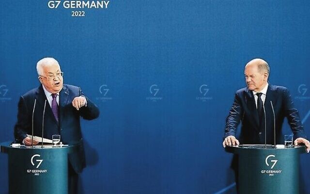German Chancellor Olaf Scholz (right) and Palestinian Authority President Mahmoud Abbas during a joint press conference at the Chancellery in Berlin, Germany, on August 16, 2022. Photo: Jens Schlueter/AFP German Chancellor Olaf Scholz (right) and Palestinian Authority President Mahmoud Abbas during a joint press conference at the Chancellery in Berlin, Germany, on August 16, 2022. Photo: Jens Schlueter/AFP