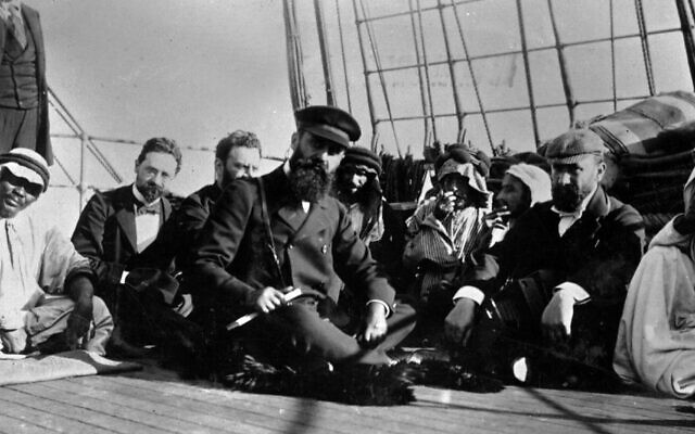 Theodor Herzl, center, shown on a boat in 1898. Photo: Universal History Archive/Universal Images Group via Getty Images Theodor Herzl, center, shown on a boat in 1898. Photo: Universal History Archive/Universal Images Group via Getty Images