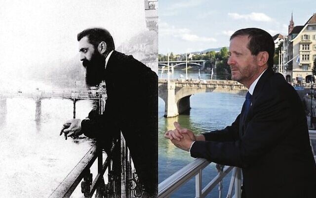 Theodor Herzl (left) on the balcony of the Hotel Les Trois Rois in Basel, Switzerland in 1897 and President Isaac Herzog on the same balcony this week. Photo: GPO Theodor Herzl (left) on the balcony of the Hotel Les Trois Rois in Basel, Switzerland in 1897 and President Isaac Herzog on the same balcony this week. Photo: GPO