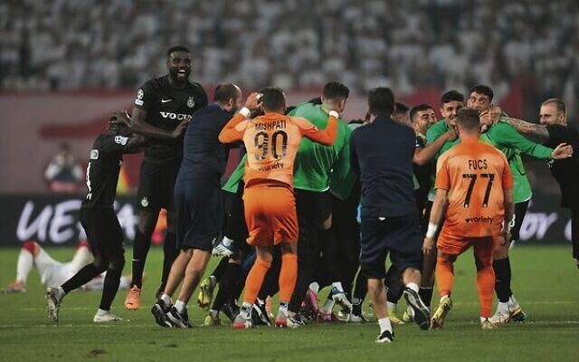 Maccabi Haifa players celebrate after beating Red Star Belgrade on aggregate at Rajko Mitic Stadium in Serbia on August 23. Photo: AP/Darko Vojinovic Maccabi Haifa players celebrate after beating Red Star Belgrade on aggregate at Rajko Mitic Stadium in Serbia on August 23. Photo: AP/Darko Vojinovic